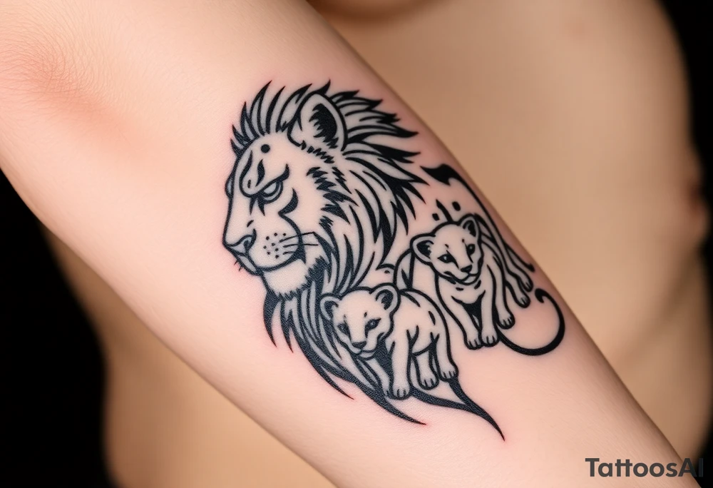 Tribal half male lion half 3 female cubs tattoo idea