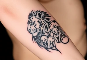 Tribal half male lion half 3 female cubs tattoo idea