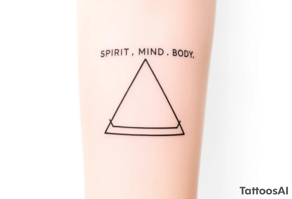A minimalist tattoo of three interlocking triangles arranged in a way that forms a geometric symbol. Each triangle is thinly outlined and overlaps slightly. Above the design, the words 'SPIRIT,' 'MIND,' and 'BODY' are written in simple font, representing the connection between these three concepts. The tattoo is located on the inner forearm and is drawn in black ink on a light skin tone background. Without text!

Without text!
Without text!
Without text! tattoo idea