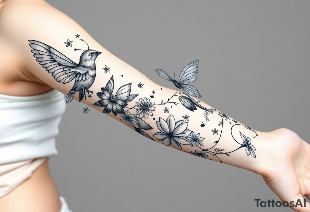 Magical mythical animal sleeve with fairies and flowers tattoo idea