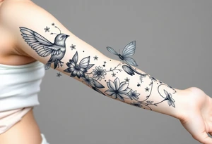 Magical mythical animal sleeve with fairies and flowers tattoo idea