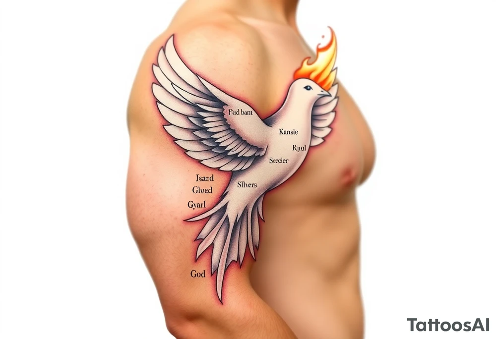 White dove of fire with the names of God and the Characteristics of the Holy Spirit in English tattoo idea