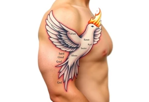 White dove of fire with the names of God and the Characteristics of the Holy Spirit in English tattoo idea