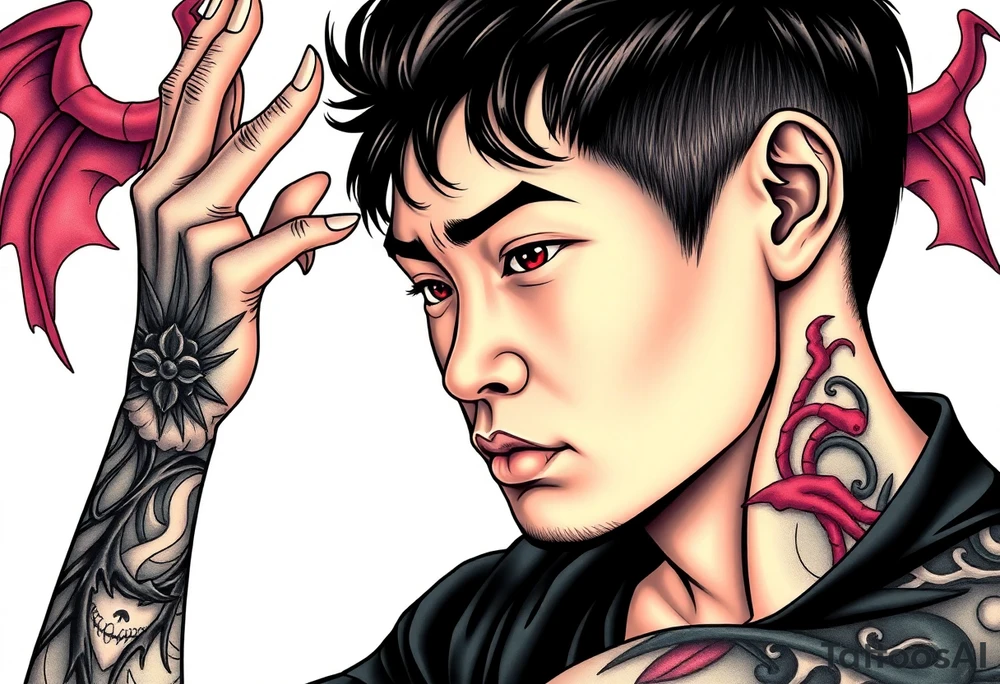 Handsome Asian young guy is looking in cursed mirror and see the evil tattoo idea