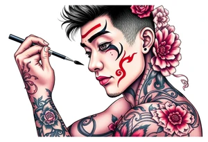 Handsome Asian young guy is putting ritual make up on tattoo idea