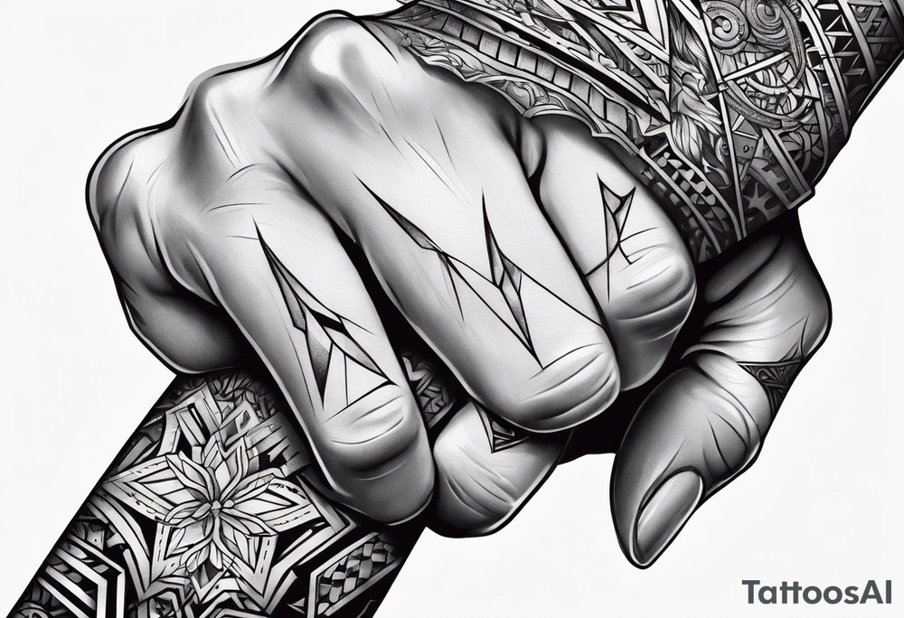 A clenched fist, the hand contains five fingers as specified, the tattoo is a back tattoo using negative space drawing techniques tattoo idea