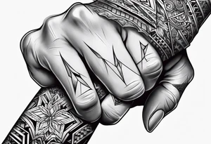 A clenched fist, the hand contains five fingers as specified, the tattoo is a back tattoo using negative space drawing techniques tattoo idea