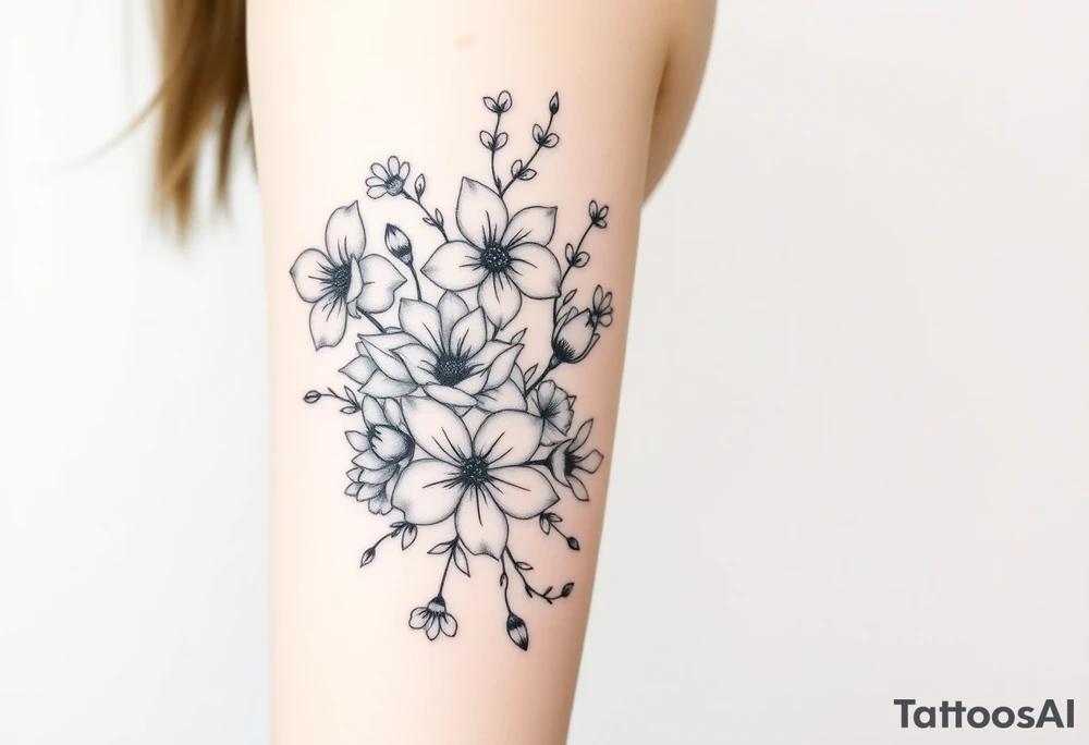 half sleeve floral bouquet done very light handed and with soft lines with the following flowers - 1 large violet, 1 large carnation, 1 large lily of the valley, 1 large narcicuss, 1 medium carnation, 1 medium violet, 1 small dafodil, 2 small water lillies, and 1 small chrysanthemum. Add a hummingbird drinking out of the large narcicuss. tattoo idea