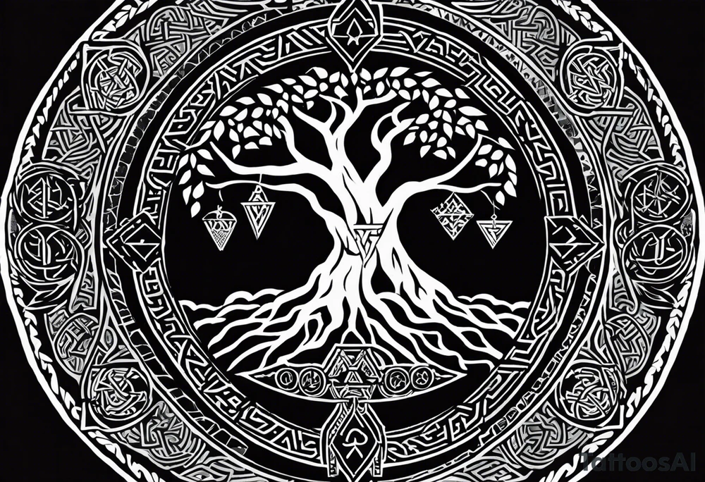 Yggdrasil: In the center of the forearm, representing the connection between the nine worlds.
Vegvisir: Integrated alongside Yggdrasil, symbolizing direction and protection.
Valknut: Placed near Yggdrasil, symbolizing the connection with Odin.
A chain filled of the following runes surrounding the forearm and previous tatto:
Uruz (ᚢ) The Uruz
Raido (ᚱ) The Raido
Gebo (ᚷ) The World
Perthro (ᛈ)
Elhaz (ᛉ) The Great One
Laguz (ᛚ) The Laguz
Odin’s Ravens: Located near Yggdrasil, representing wisdom.
Nine Worlds: Subtly integrated into the design of Yggdrasil. tattoo idea