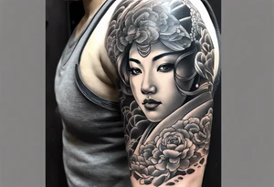 High contrast black and grey Japanese full arm tattoo tattoo idea