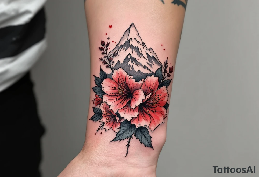 vertical wrist size red  and black rhododendron trippy with Himalayas behind tattoo idea