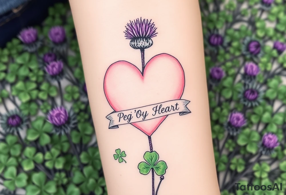 a big pale pink heart in a huge patch of green shamrocks, and  purple thistles with a banner across the heart that says Peg 'o My Heart tattoo idea