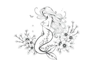 ethereal mermaid with flowing hair among coral and sea flowers tattoo idea