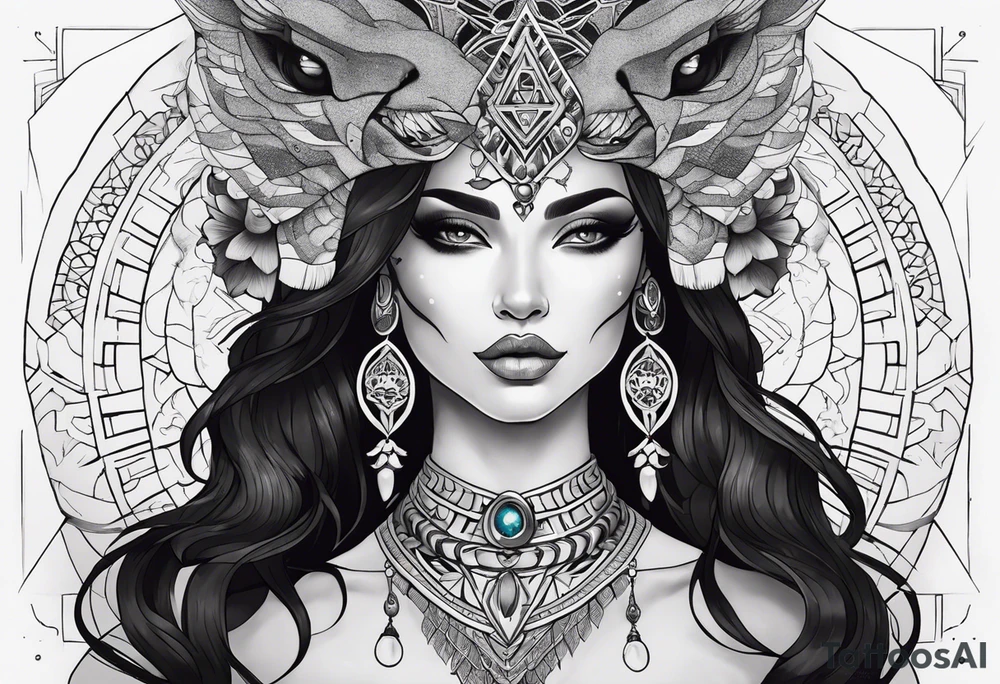 kali ma, alien goddess, valkrye, aries, pirate, divine feminine, zenza resonance, pachamama, lotus azul, blank panther, eagle, skull, 5D, nueva gaya, dna 12, left side chest tatoo tattoo idea