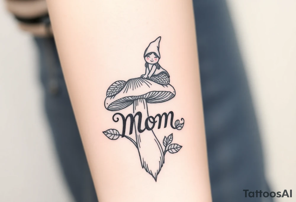Mushroom with word mom on it with gnome sitting on top tattoo idea