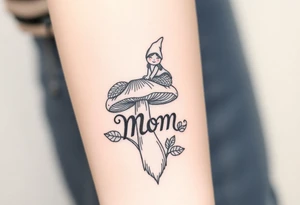 Mushroom with word mom on it with gnome sitting on top tattoo idea