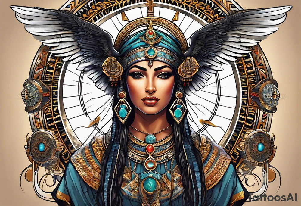 Isis (top center): With wings and the sun disc on her head, holding the ankh. tattoo idea