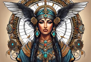 Isis (top center): With wings and the sun disc on her head, holding the ankh. tattoo idea