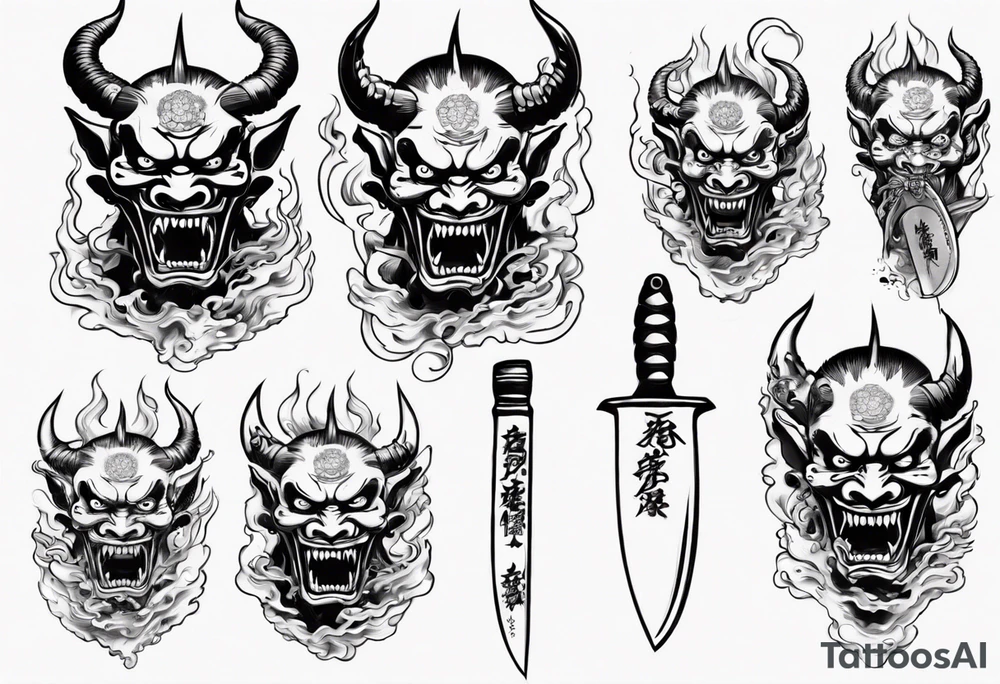 Japanese demon coming out of a knife blade tattoo idea