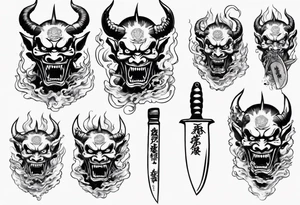 Japanese demon coming out of a knife blade tattoo idea