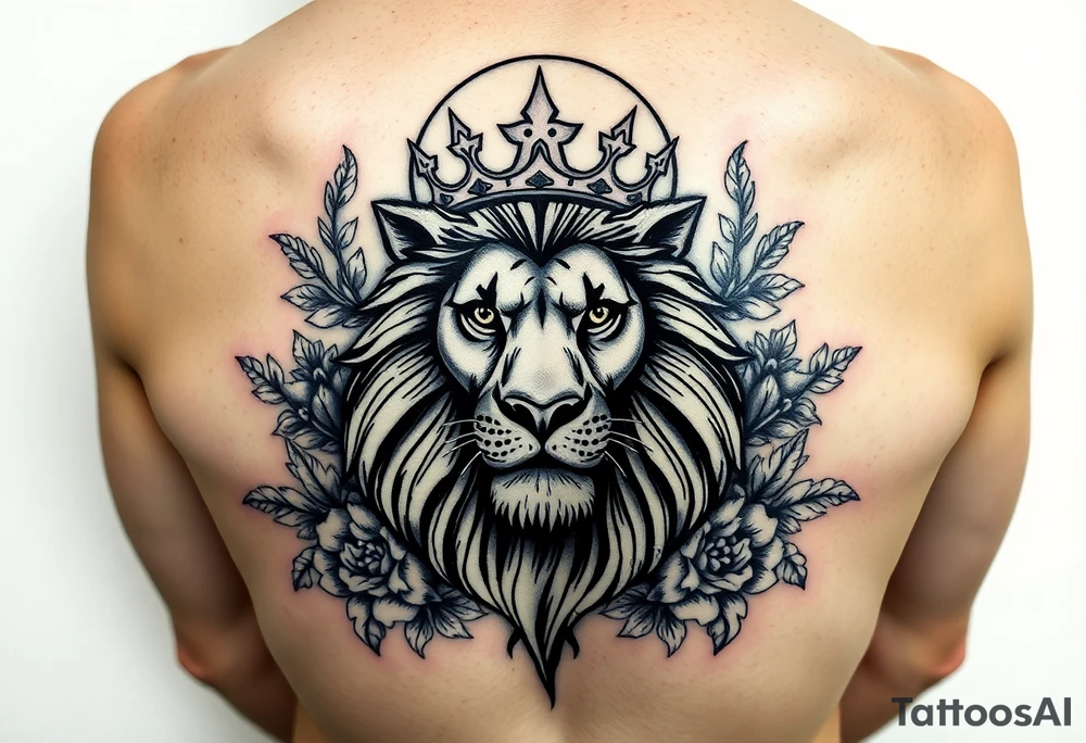 powerful majestic lion with a crown, surrounded by floral ornaments and moon tattoo idea