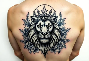 powerful majestic lion with a crown, surrounded by floral ornaments and moon tattoo idea