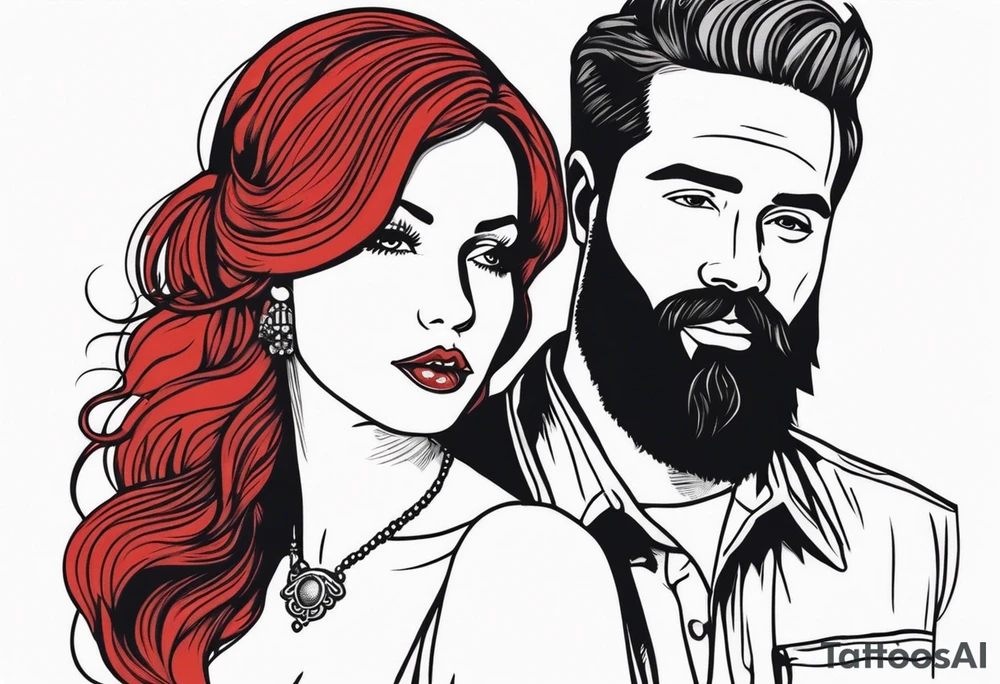 Busty red haired woman with a bearded man who has black hair getting married tattoo idea