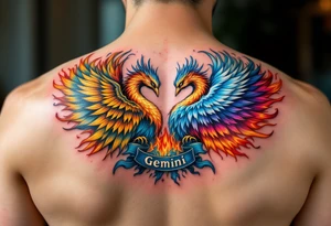 A pair of twin phoenixes, one rising from golden flames and the other from icy mist, with word "gemini" tattoo idea