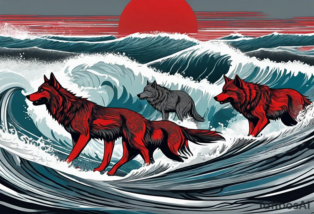 a pack of 3 howling muscular  gray wolves surfing waves with a linear background with red, white and black and gray tattoo idea