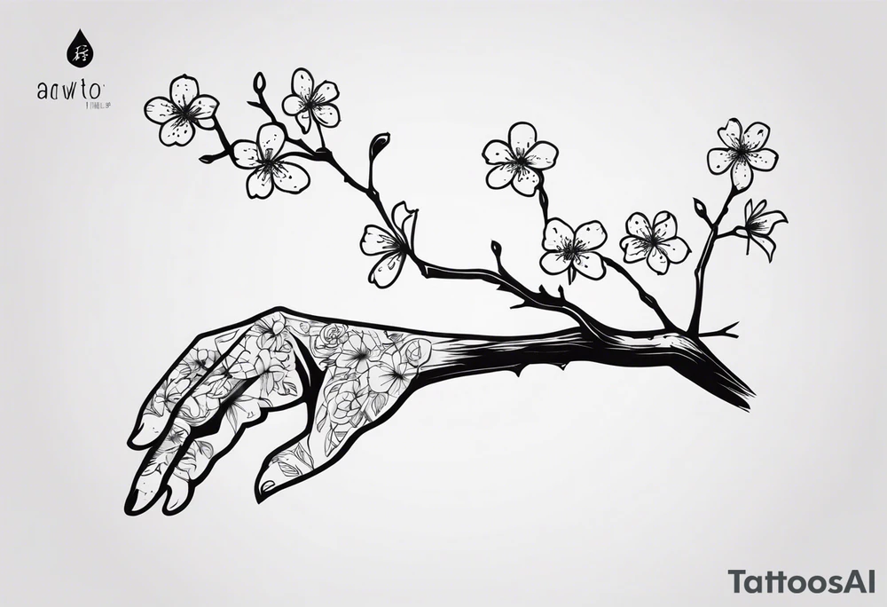 Sure thing! To guide the AI in drawing your tattoo design, you can provide step-by-step instructions like this:

1. Start by drawing a human hand pointing at a skeleton hand on the left shoulder.
2. From the wrist of the human hand, draw a cherry blossom branch sprouting out.
3. Let the branch travel down the arm, wrapping around the bicep once.
4. Narrow the branch to fit through a 7 cm gap on the forearm.
5. Finally, end the branch in a 10 cm gap on the wrist, adding more blossom flora to complete the design.

These detailed instructions should help the AI create a visual representation of your envisioned tattoo. tattoo idea