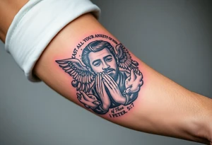 cast all your anxiety on him because he cares for you"  1 peter 5:7 surrounded with clouds and angels and praying hands tattoo idea
