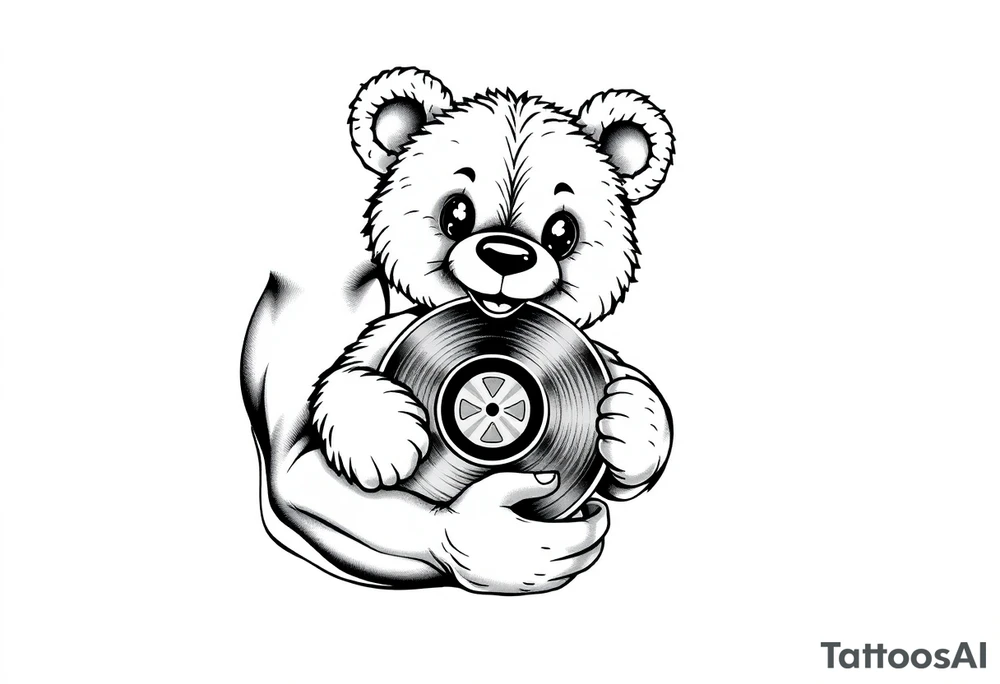 smiling cartoon teddy bear holding a vinyl record tattoo idea