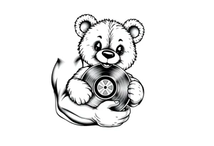 smiling cartoon teddy bear holding a vinyl record tattoo idea