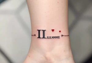 III.III.MMIII in black and crimson ink wrapped around the wrist like a bracelet, symbolizing triplets’ birthday. tattoo idea