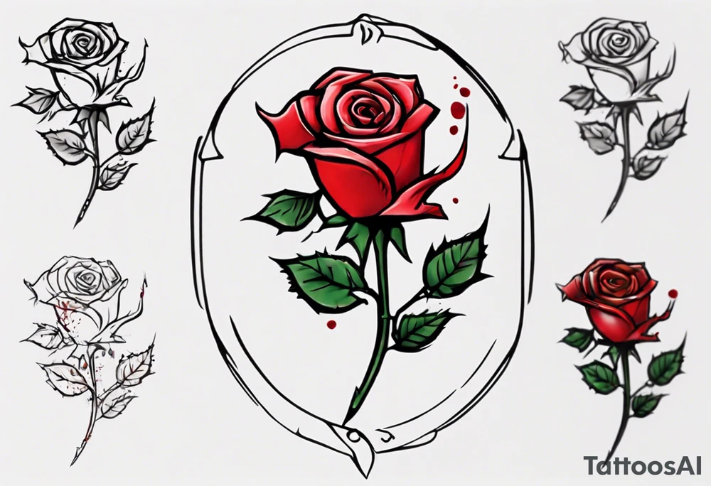 a one-line rose, add some splattered red blood and thorns, small, with stem, very simple, with the name Jesus as the stem tattoo idea