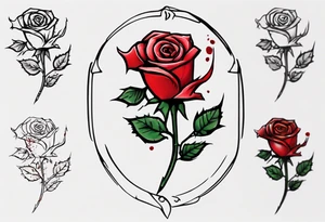 a one-line rose, add some splattered red blood and thorns, small, with stem, very simple, with the name Jesus as the stem tattoo idea