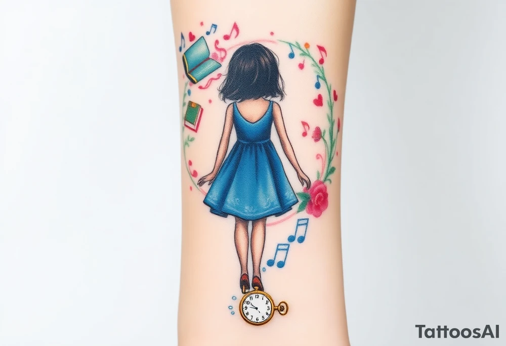 Back view of the silhouette of a girl in a blue dress. She is following a small white rabbit towards a colorful swirl with music notes, books, and flowers. A pocket watch is at the end of the swirl. tattoo idea