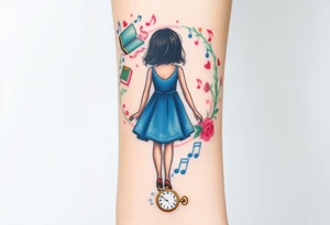 Back view of the silhouette of a girl in a blue dress. She is following a small white rabbit towards a colorful swirl with music notes, books, and flowers. A pocket watch is at the end of the swirl. tattoo idea
