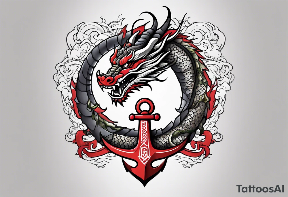Asian dragon wrapping around an anchor centered on the Korean flag tattoo idea