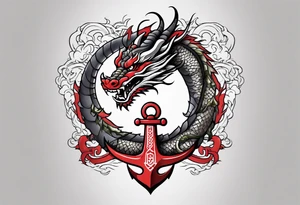 Asian dragon wrapping around an anchor centered on the Korean flag tattoo idea