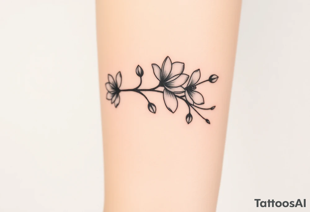 Long branch with magnolia flowers, in different blossom stages with botanical details, lines and dots tattoo idea