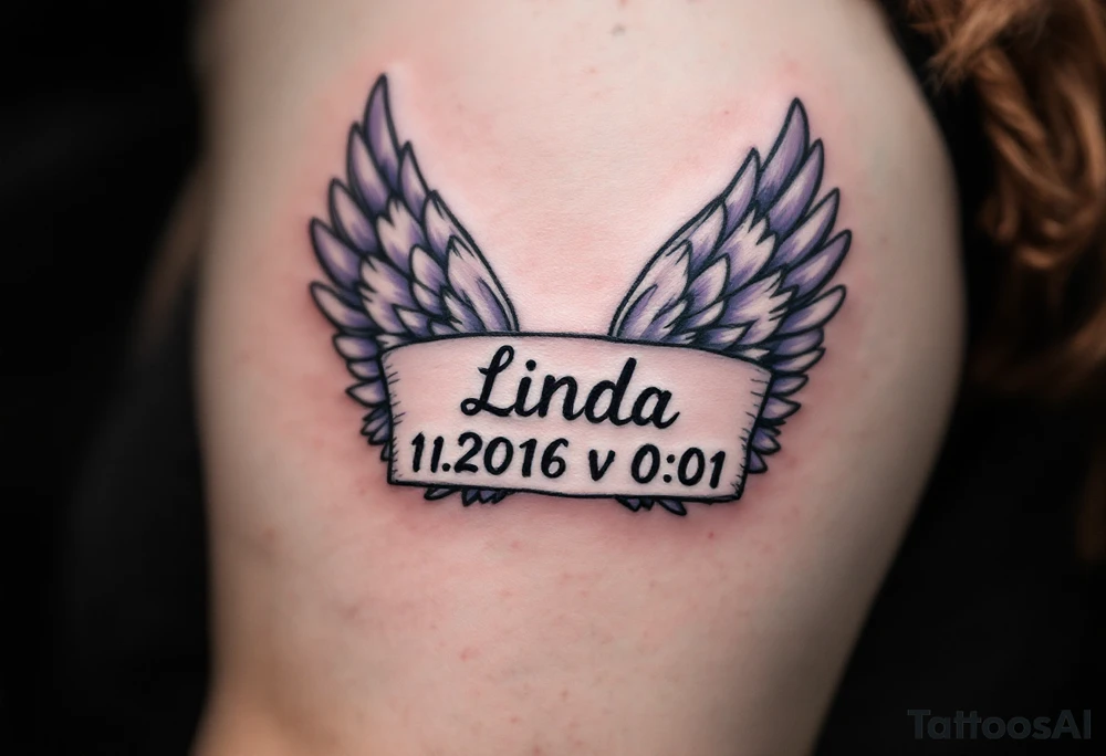 pair of angel wings enclosing name Linda and numbers 1.1.2016 v 0:01", done in light gray and faded lilac. tattoo idea