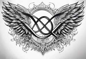 Infinity sign dates 01/59-02/16 and angle wings in the background tattoo idea