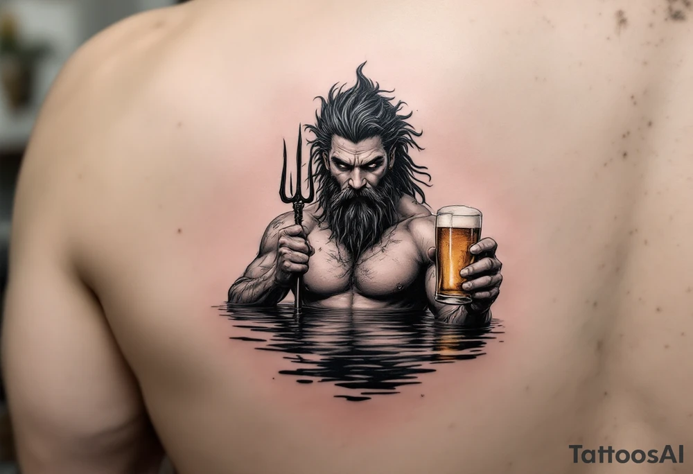 young, fit poseidon in calm water, holding a trident, holding a beer, winking tattoo idea