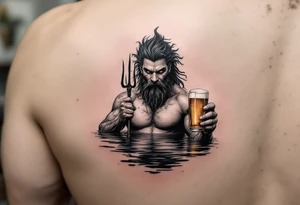young, fit poseidon in calm water, holding a trident, holding a beer, winking tattoo idea