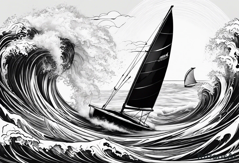 Poseidon im Meer mit Windsurfer und Wellen im Hintergrund tattoo idea