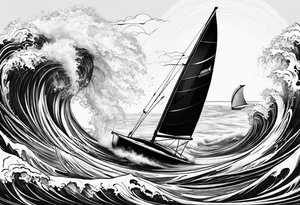 Poseidon im Meer mit Windsurfer und Wellen im Hintergrund tattoo idea