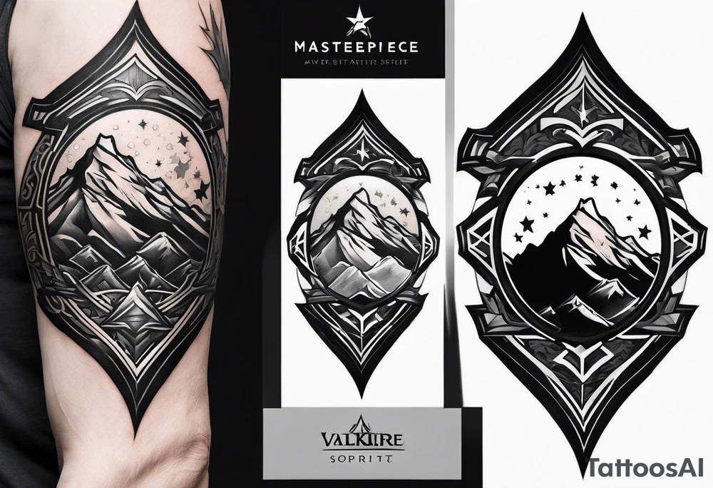 complete upper arm sleeve. Feature three mountain side by side, with 3 stars above them crossed sword patterns that evoke the Valkyrie spirit. Keep the design in clean, simple lines. tattoo idea