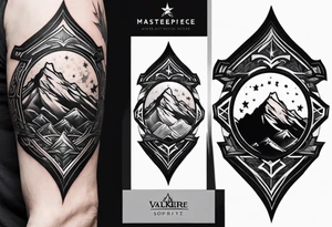 complete upper arm sleeve. Feature three mountain side by side, with 3 stars above them crossed sword patterns that evoke the Valkyrie spirit. Keep the design in clean, simple lines. tattoo idea