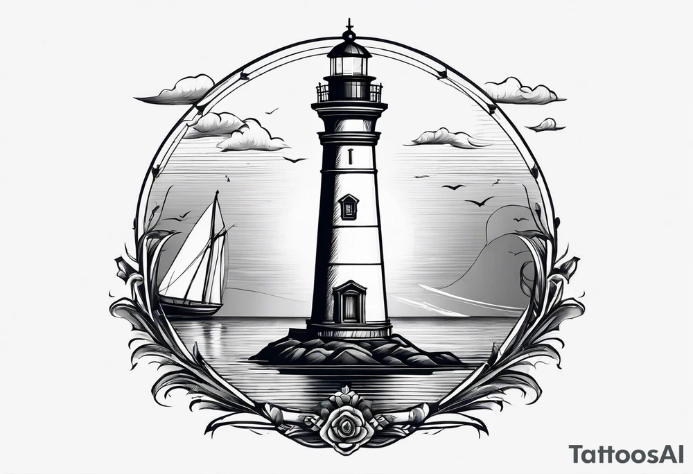maritime lighthouse in a front view sailboat serving as a mast for a sail. tattoo idea